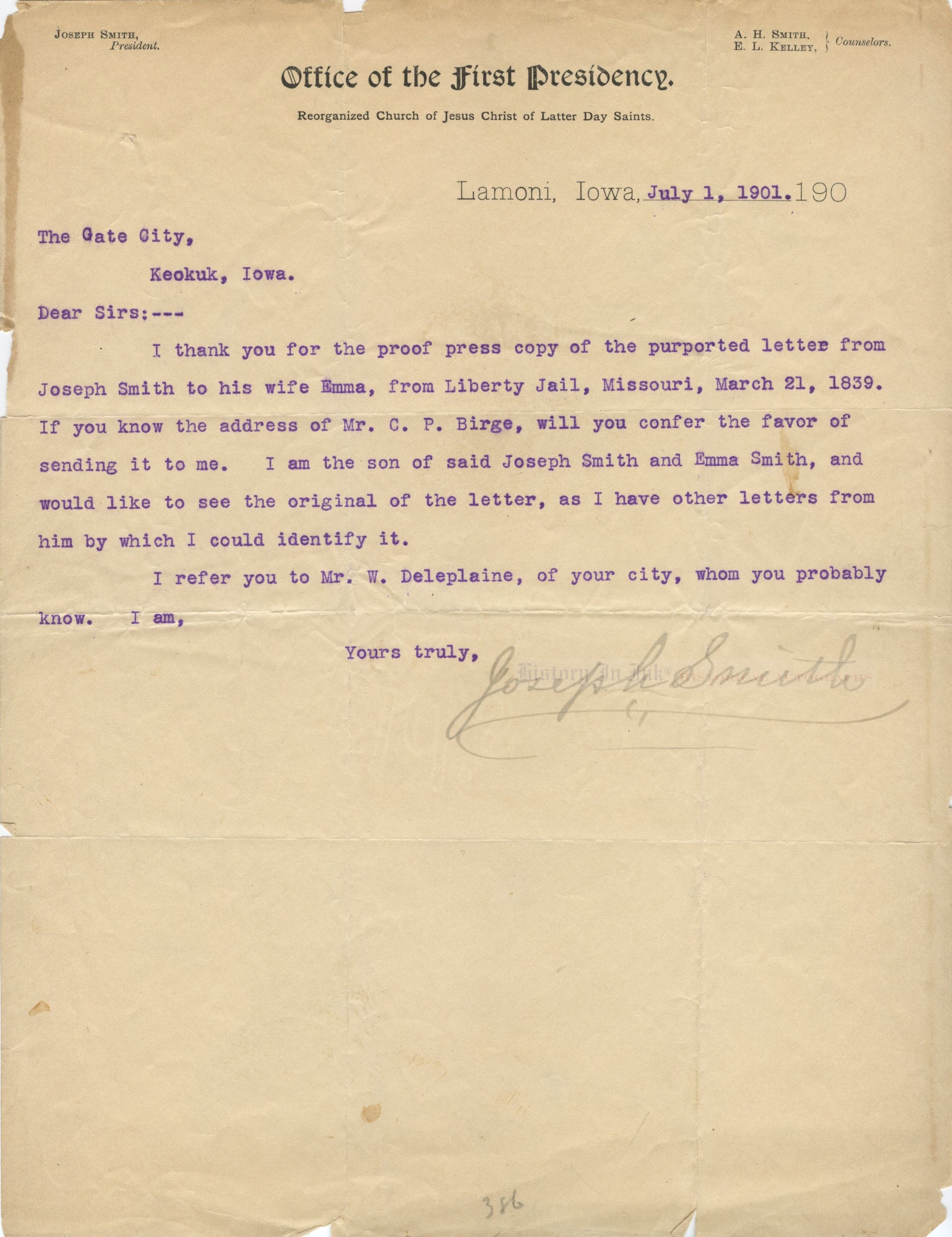 Autograph 1102701 Exceedingly rare letter by Joseph Smith III, son